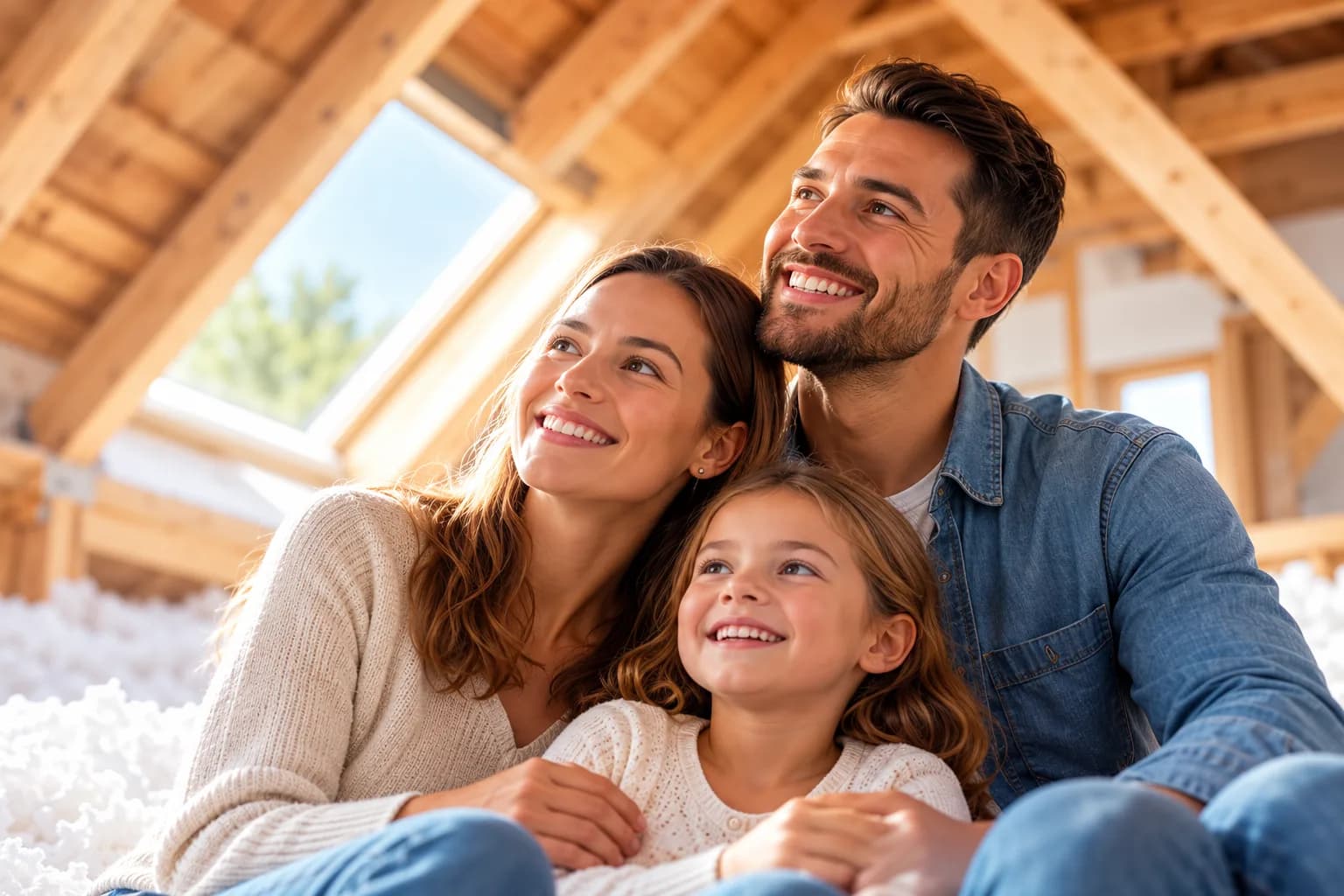 Famille souriante dans des combles fraîchement isolés